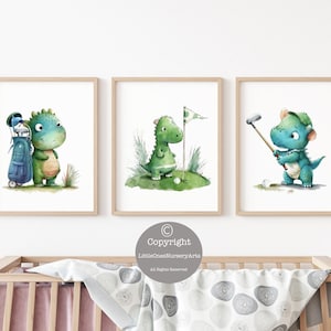 Juego de láminas de acuarela para guardería de golf, arte de dinosaurio golfista, decoración de golf para guardería, regalo de baby shower de golf, decoración de pared para guardería, arte de golf para guardería