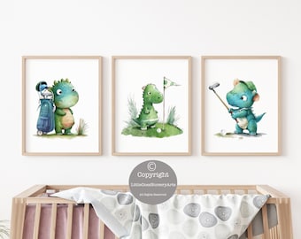 Juego de láminas de acuarela para guardería de golf, arte de dinosaurio golfista, decoración de golf para guardería, regalo de baby shower de golf, decoración de pared para guardería, arte de golf para guardería