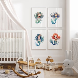 Watercolor Mermaid Nursery Decor, Mermaid Wall Art Prints, Mermaid Girl&#39;s Nursery Prints, Under The Sea Nursery Art, Baby Shower Gift