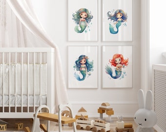 Watercolor Mermaid Nursery Decor, Mermaid Wall Art Prints, Mermaid Girl's Nursery Prints, Under The Sea Nursery Art, Baby Shower Gift