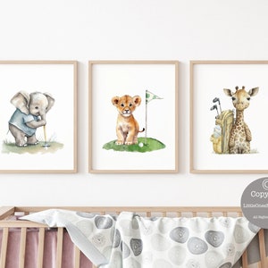 Juego de 3 ilustraciones de golf en acuarela para guardería, adorables animales de golf, decoración de golf para guardería, regalo de baby shower de golf, decoración de pared para guardería, arte de golf para guardería