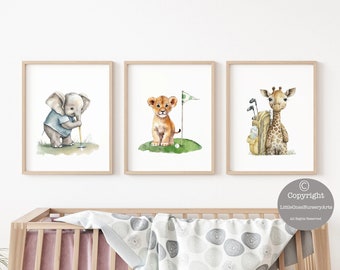 Watercolor Nursery Golf Art Set of 3, Cute Golfer Animals, Nursery Golf Decor, Golf Baby Shower Gift, Nursery Wall Decor, Golf Nursery Art