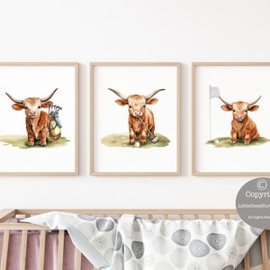 Decoração de quarto de bebê com tema de golfe Longhorn, Estampas de golfistas Longhorn, Conjunto de três estampas para quarto de bebê, Decoração de quarto de bebê com tema de golfe Longhorn, Estampas Longhorn, Arte de golfe para quarto de bebê