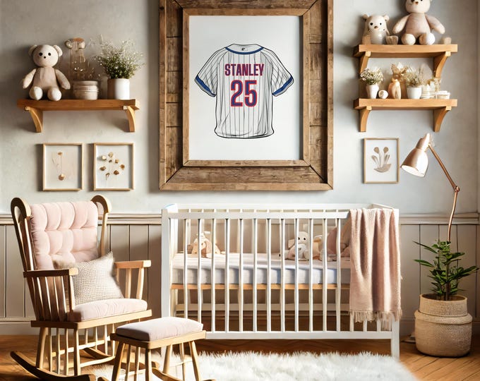 Watercolor Classic Baseball Jersey Art Print, Personalized Baseball Art Decor for Kids room Nursery or Office, Baseball Lover Gift