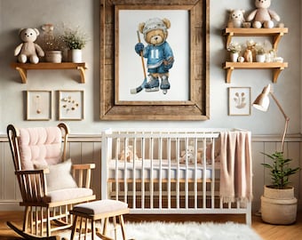 Stampe incorniciate per la cameretta dei bambini con tema hockey su ghiaccio, decorazioni personalizzate per maglie sportive per la cameretta dei ragazzi, stampe con orsacchiotti, regalo con tema hockey incorniciato, arte vintage