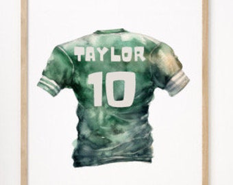 Custom Watercolor Green Football Jersey Print, Nursery Football Art, Children's Room Decor, Kids Room Art, Baby Shower Gift, Birthday Gift