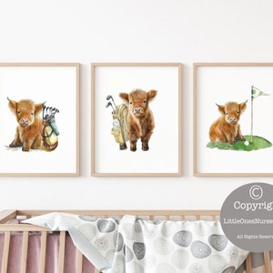 Watercolor Highland Cow Golf Nursery Art Decor, Highland Cow Golfer Prints, Farm Nursery Decor, Cow Nursery Decor, Cow Prints, Nursery Cow