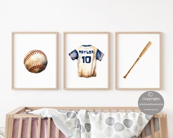 Conjunto de impresión artística de camiseta y bate de béisbol de acuarela personalizado, decoración artística de béisbol para habitación infantil u oficina, regalo para amantes del béisbol