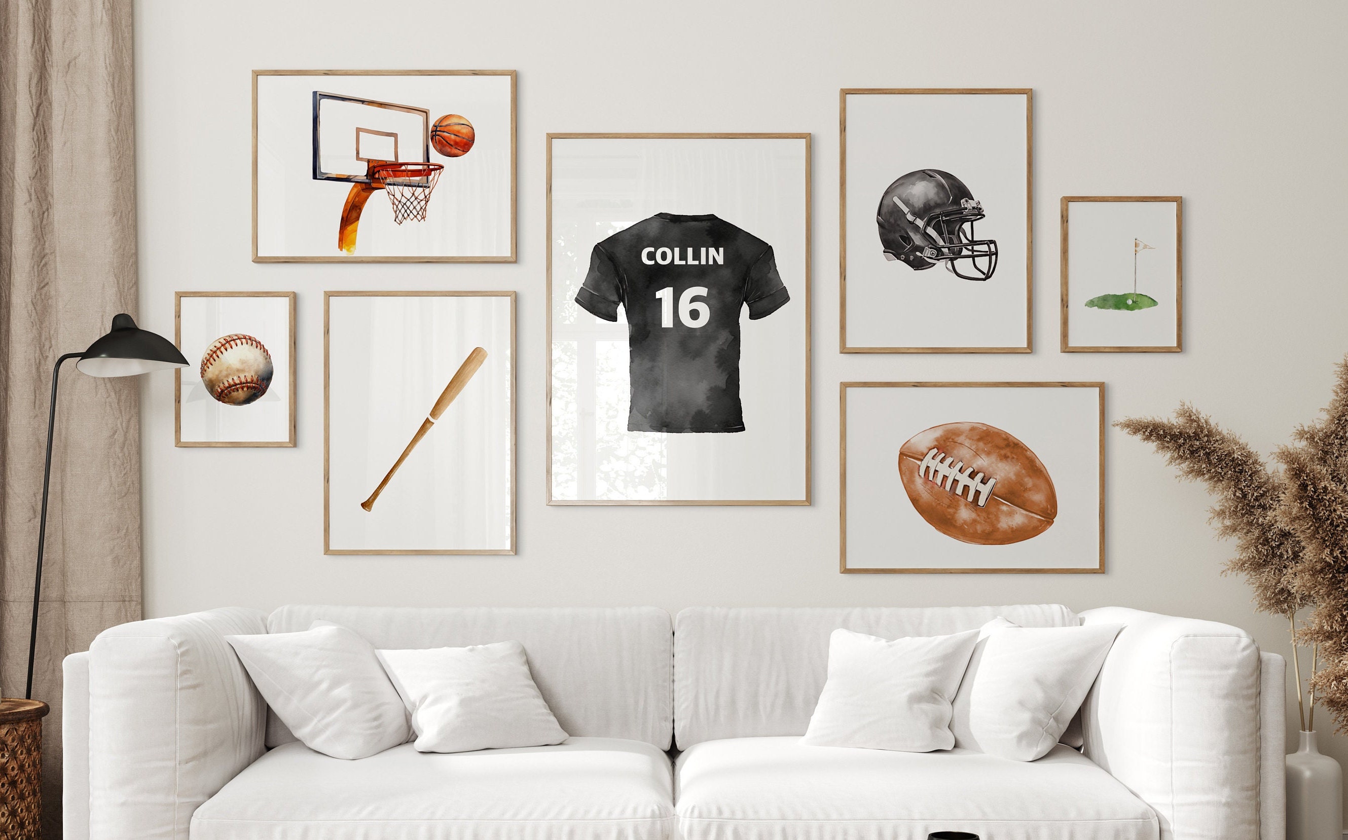 Personalized Watercolor Nursery Sports Gallery Wall Art Print Set