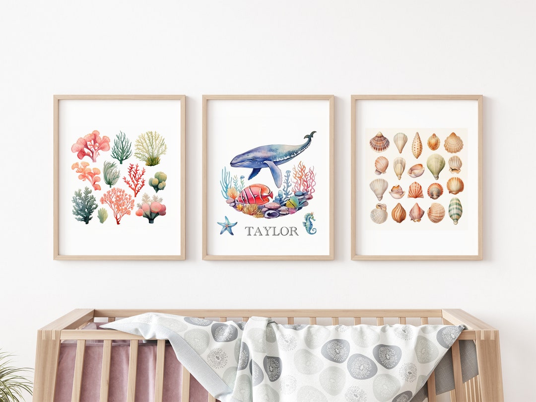 Watercolor Nursery Ocean Life Art Set of 3, Cute Sea Animals Wall Art ...