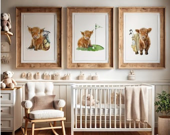 Watercolor Highland Cow Golf Nursery Art Decor, Framed Highland Cow Golfer Prints, Farm Nursery Decor, Cow Nursery Decor, Baby kids gift