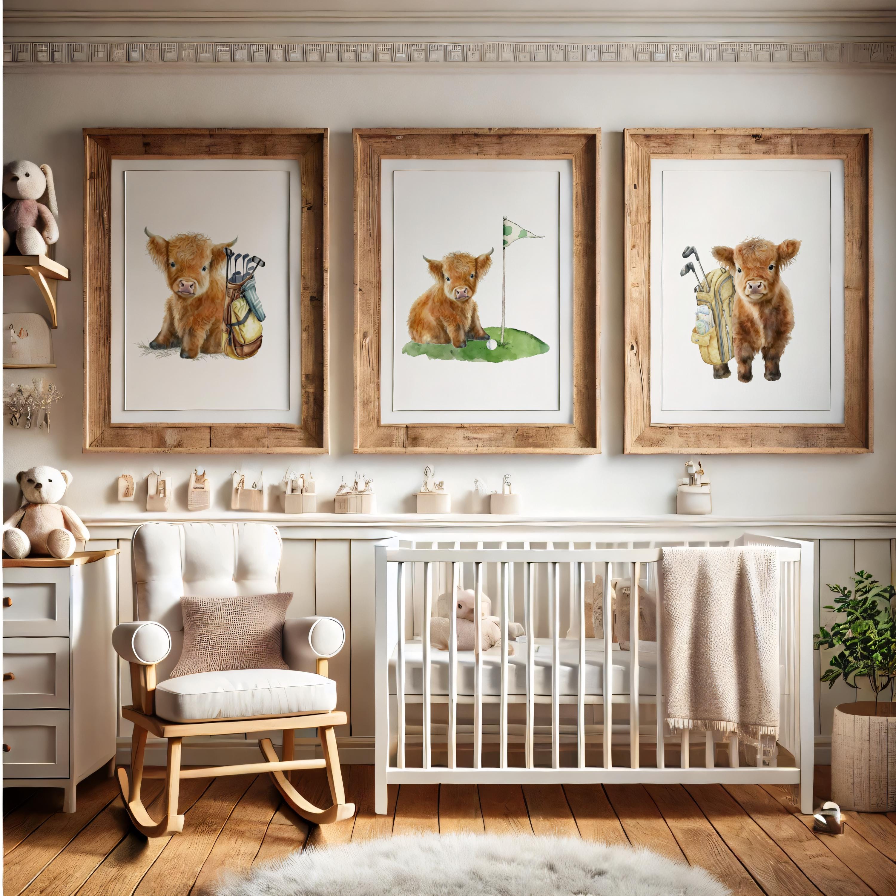 Watercolor Highland Cow Golf Nursery Art Decor, Framed Highland Cow