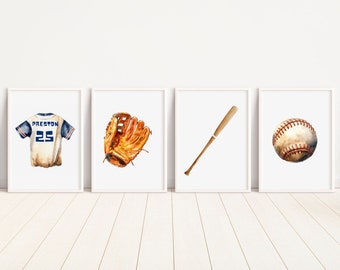 Personalized Watercolor Baseball Nursery Prints, Baseball Lover Gift, Set of 4, Sports Nursery Art, Kids Room Wall Decor, Baby Shower Gift