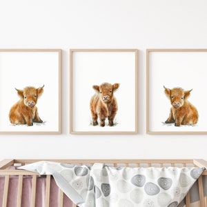 May include: Three framed watercolor prints featuring adorable Highland calf illustrations. Each print showcases a fluffy, brown calf in a different pose, set against a white background. The frames are a light wood color, adding a natural touch to the nursery decor.