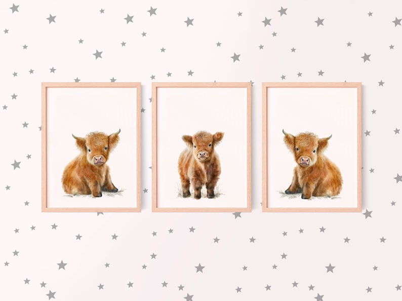 May include: Three framed prints featuring watercolor illustrations of Highland calf. The calves have fluffy, reddish-brown fur and small horns. The frames are light pink, and the background is a pale pink with gray star patterns.