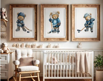 Watercolor Ice Hockey Nursery Prints, Personalized Boys Room Sports Decor, Teddy bear prints, Framed Hockey Gift, Vintage Art