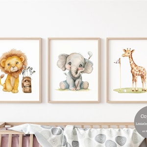 Juego de 3 ilustraciones de golf en acuarela para guardería, adorables animales de safari de golf, decoración de golf para guardería, regalo de baby shower de golf, decoración artística de golf para guardería