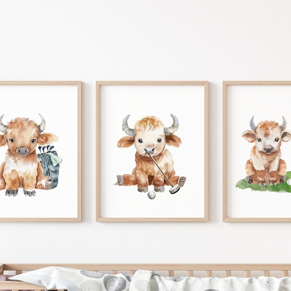 Watercolor Nursery Golf Art Set of 3, Cute Buffalo Golfers, Nursery Golf Decor, Golf Baby Shower Gift, Nursery Wall Decor, Golf Nursery Art