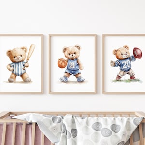 Sports nursery print set, Basketball football & baseball nursery decor, boys room decor, Vintage sport nursery art, Teddy bear sports prints