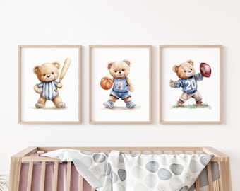 Sports nursery print set, Basketball football & baseball nursery decor, boys room decor, Vintage sport nursery art, Teddy bear sports prints