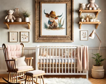 Longhorn Nursery Art Print, Framed Western Art, Longhorn Cowboy Decor, Baby Shower Gift, Texas Art, Cowboy Nursery Print