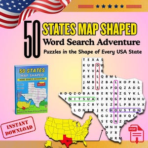 Puede incluir: Gráfico colorido que promociona un libro de rompecabezas "50 States Map Shaped Word Search Adventure". La imagen incluye una portada de libro, una cuadrícula de búsqueda de palabras en forma de Texas y un mapa de los EE. UU. La bandera estadounidense está en el fondo.