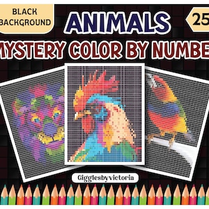 Puede incluir: Un libro de actividades "Mystery Color by Number" con imágenes de animales pixeladas. La portada muestra un león, un gallo y un pájaro, cada uno compuesto por pequeños cuadrados. El título incluye la palabra "Animals" y el número "25". Una fila de lápices de colores está en la parte inferior.