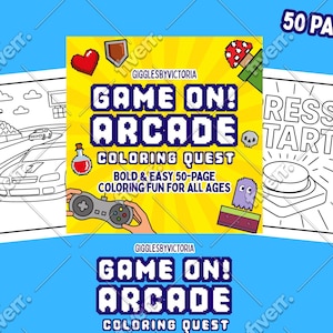 May include: A set of three coloring books with a blue background. The central book has a yellow cover with the text "GAME ON! ARCADE COLORING QUEST" and pixelated graphics. The other two books feature line drawings of a race car and a button with the words "PRESS START".