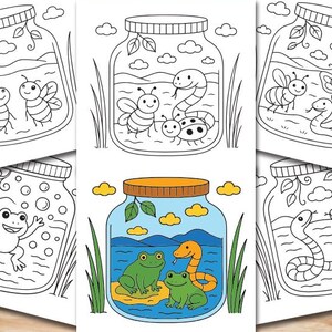 Op de afbeelding: Een verzameling van 25 kleurplaten met schattige insecten en dieren in potten. De pagina's zijn zwart-wit lijntekeningen, perfect om in te kleuren. Een oranje en een groene potlood liggen op de pagina's. De tekst "25 CUTE COLORING JAR" staat onderaan.