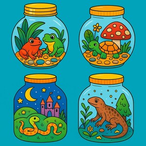 Op de afbeelding: Vier glazen potten met deksels, elk met een ander beestje. De eerste pot heeft een rode kikker en een groene kikker. De tweede pot heeft een schildpad met een paddenstoel. De derde pot heeft een slang en een kasteel. De vierde pot heeft een hagedis en een boom. De potten staan op een blauwe achtergrond met de tekst "Backyard Critters In A Jar" en "GigglesByVictoria".