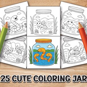 Op de afbeelding: Kleurplaten met schattige dieren in potten, waaronder een slang, een bij en een kikker. De tekst luidt "25 CUTE COLORING JAR" met hartjes. Een groene en een oranje potlood liggen op de pagina's.