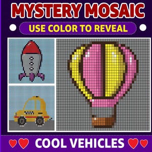 Printable Color by Number 50 Cool Vehicles Mystery Mosaic Book | 50 Color by Number Pages | Fun Pixel Art for Kids & Adults Digital Book