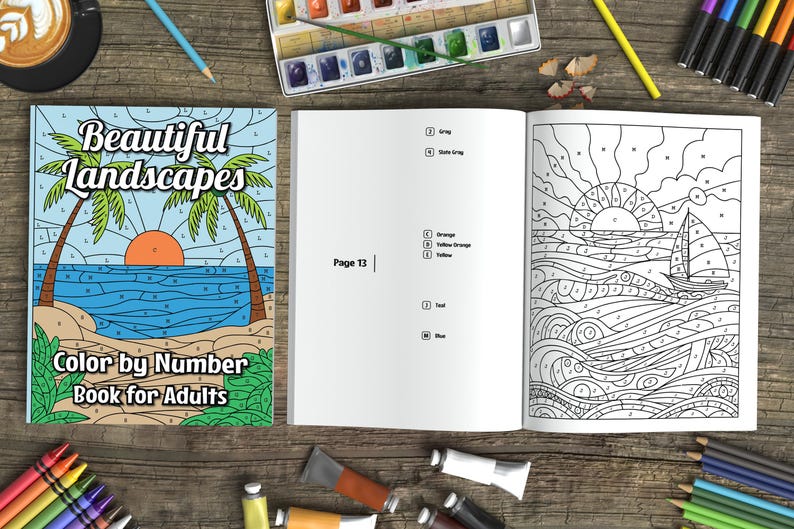 May include: A color-by-number book for adults titled "Beautiful Landscapes" with a cover illustration of a beach scene with palm trees and a sunset. The open book shows a line drawing of a sailboat on the ocean. Art supplies are scattered around.