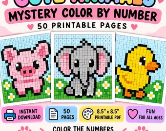 May include: A digital printable activity set titled CUTE ANIMALS MYSTERY COLOR BY NUMBER with 50 printable pages. The image displays three pixel-art style animal illustrations of a pig, an elephant, and a duck, each on an 8.5" x 8.5" page.