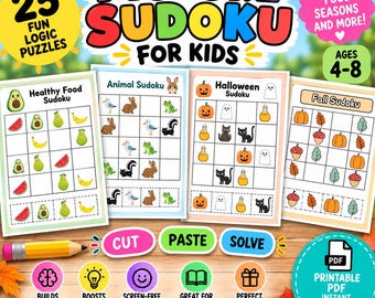 May include: A printable PDF set of 25 Picture Sudoku logic puzzles for kids aged 4-8, featuring themes like Healthy Food, Animals, Halloween, and Fall. The set includes cut, paste, and solve activities with colourful icons and a yellow pencil.