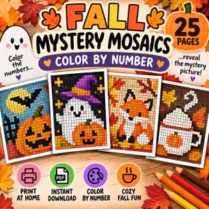 May include: A digital colouring book titled Fall Mystery Mosaics with 25 pages of colour-by-number activities. The cover displays four pixelated images featuring a pumpkin, a ghost, a fox, and a mug, alongside icons for printing and downloading.