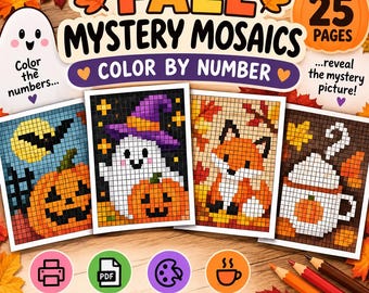 May include: A digital coloring book titled Fall Mystery Mosaics with 25 pages of color-by-number activities. The cover displays four pixelated images featuring a pumpkin, a ghost, a fox, and a mug, alongside icons for printing and downloading.