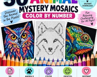 May include: A digital collection of 50 animal mystery mosaics for color by number activities. The image displays a colorful owl, a black and white numbered wolf grid, and a vibrant chameleon, accompanied by colored pencils and icons for instant download.