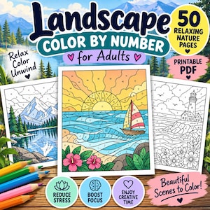 Op de afbeelding: Een digitaal kleurboek-omslag getiteld Landscape Color By Number for Adults met 50 ontspannende natuurpagina's. De centrale afbeelding toont een ingekleurd zeegezicht met een zeilboot, zon en bloemen, geflankeerd door twee zwart-wit lijntekeningen.