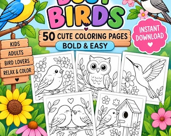 Cute Bird Coloring Pages for Kids, 50 Bold & Easy Printable Birds, Busy Birds Coloring Book, Instant Digital Download