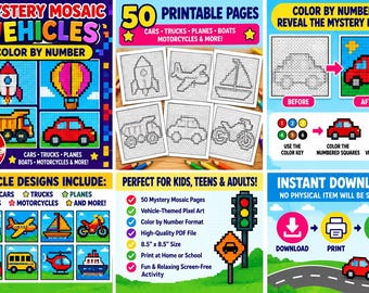 Puede incluir: Un conjunto de actividades digitales con 50 páginas imprimibles de arte píxel con temática de vehículos. Las páginas incluyen diseños de colorear por números de coches, camiones, aviones, barcos y motos. Formato de 21,6 cm por 21,6 cm.