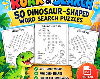 Dinosaurieformad ordsökning för barn: 50 utskrivbara dinosauriepussel