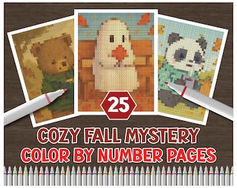 May include: Three color-by-number pages featuring a bear, a ghost, and a panda, with two white markers and a row of colored markers at the bottom. A red hexagon displays the number 25, and the text reads COZY FALL MYSTERY COLOR BY NUMBER PAGES.