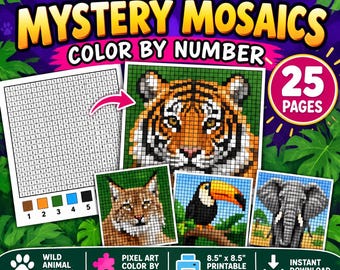May include: A Wild Animal Mystery Mosaics color by number activity book featuring 25 pages of pixel art designs. The cover displays a tiger, lynx, toucan, and elephant, with a grid example, color key, and 8.5 inch by 8.5 inch printable text.
