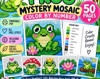 May include: A digital Frog Mystery Mosaic colour by number activity book featuring 50 pages of pixel art designs. The cover displays a grid-based frog illustration, a colour key, and text including Printable PDF, All Skill Levels, and Instant Download.