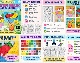 May include: A digital mystery mosaic color by number activity set featuring 30 food and drink themed pages. Includes a color palette, instructions for 8.5 inch by 11 inch printable PDF pages, and examples of colored illustrations like sundaes and burgers.