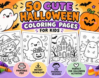 May include: A digital collection of 50 cute Halloween coloring pages for kids featuring black and white illustrations of a witch, a ghost with a pumpkin bucket, a haunted house, and a monster, with orange and purple accents and text.