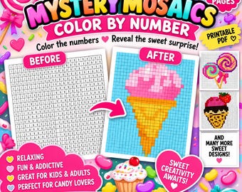 Candy Mystery Mosaike Malen nach Zahlen | Süße Leckereien Pixel-Art Malvorlagen | Druckbare Mystery Malvorlage (PDF)