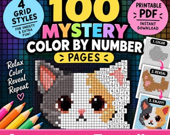 100 Mystery Color by Number Pages | Mystery Mosaic Coloring Book | Printable Adult Coloring PDF | Digital Download