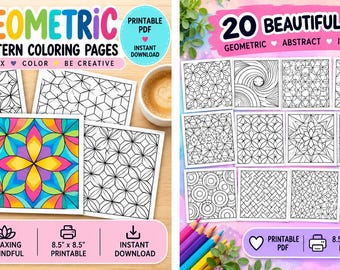 May include: A collection of 20 geometric pattern coloring pages in a printable PDF format. The set includes black and white line art designs and one colored example featuring a vibrant floral-inspired motif. Each page measures 8.5 by 8.5 inches.